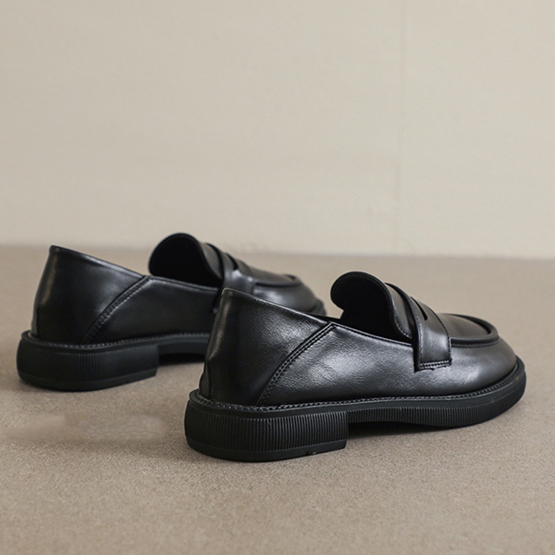 Giày IELGY bằng da đế bằng màu đen phong cách retro cho nữ