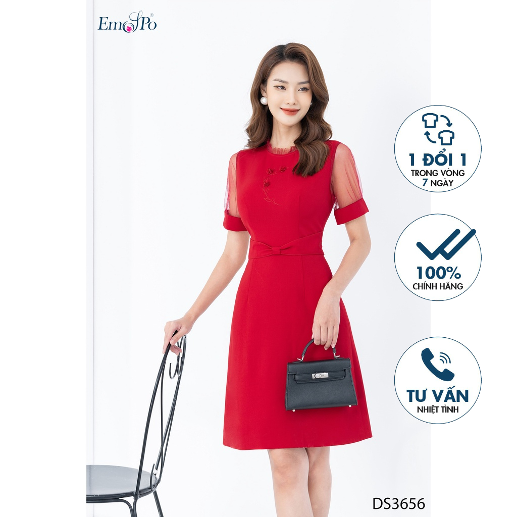 Đầm A Emspo phối lưới, đột chỉ đính hoa ngực, đai eo liền DS3656