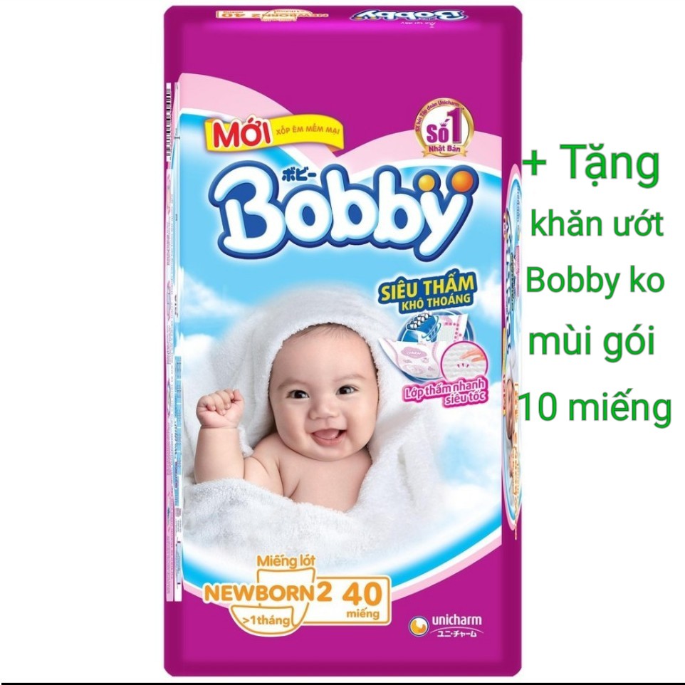 Miếng Lót Sơ Sinh Bobby Newborn 2 - 40 + tặng khăn ướt Bobby ko mùi gói 10 miếng