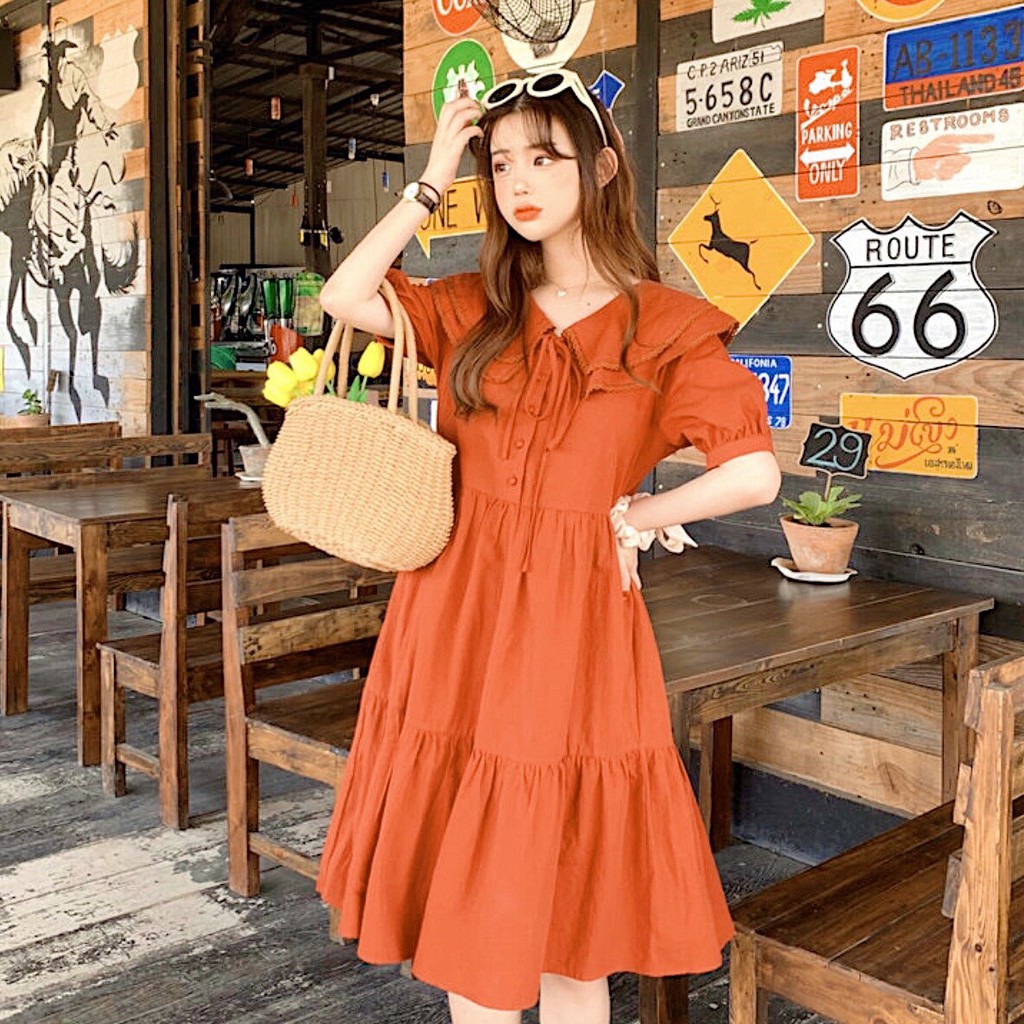 Đầm váy freesize cam cổ viền ren