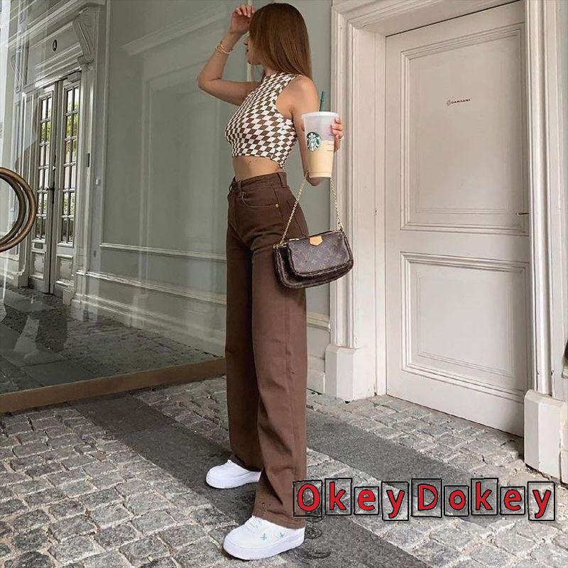 OKDK-Women Straight-leg Jeans Vintage High Waisted Solid Color Denim Pants with Pockets