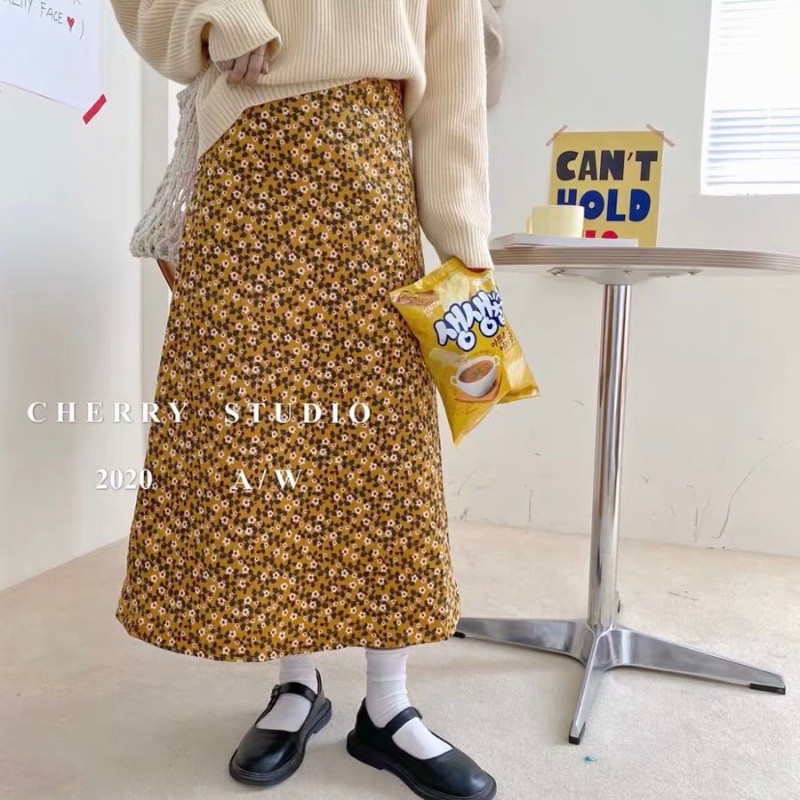 Chân váy nhung tăm dáng A 1533 hoạ tiết hoa nhí Ulzzang style
