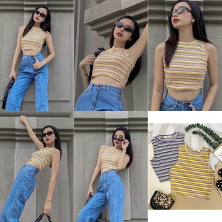 Áo Kiểu LEEVEE CROPTOP chất liệu thun co giãn thiết kế sọc ngang mặc cực thoải mái from chuẩn dễ mix