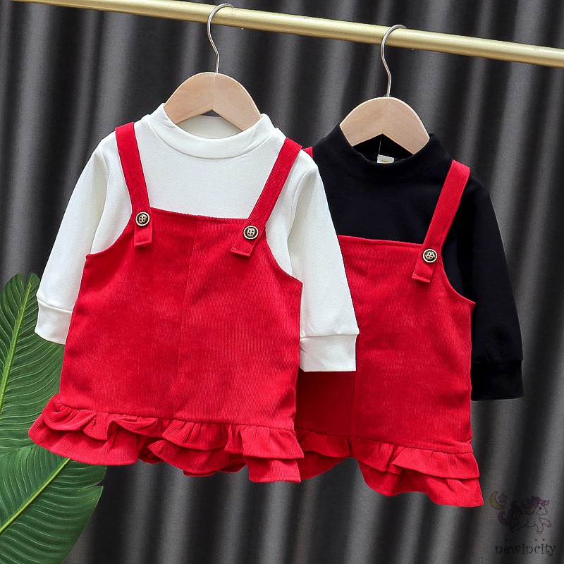 Set Áo Thun Tay Dài &amp; Đầm Yếm Màu Trơn Đáng Yêu Cho Bé Gái