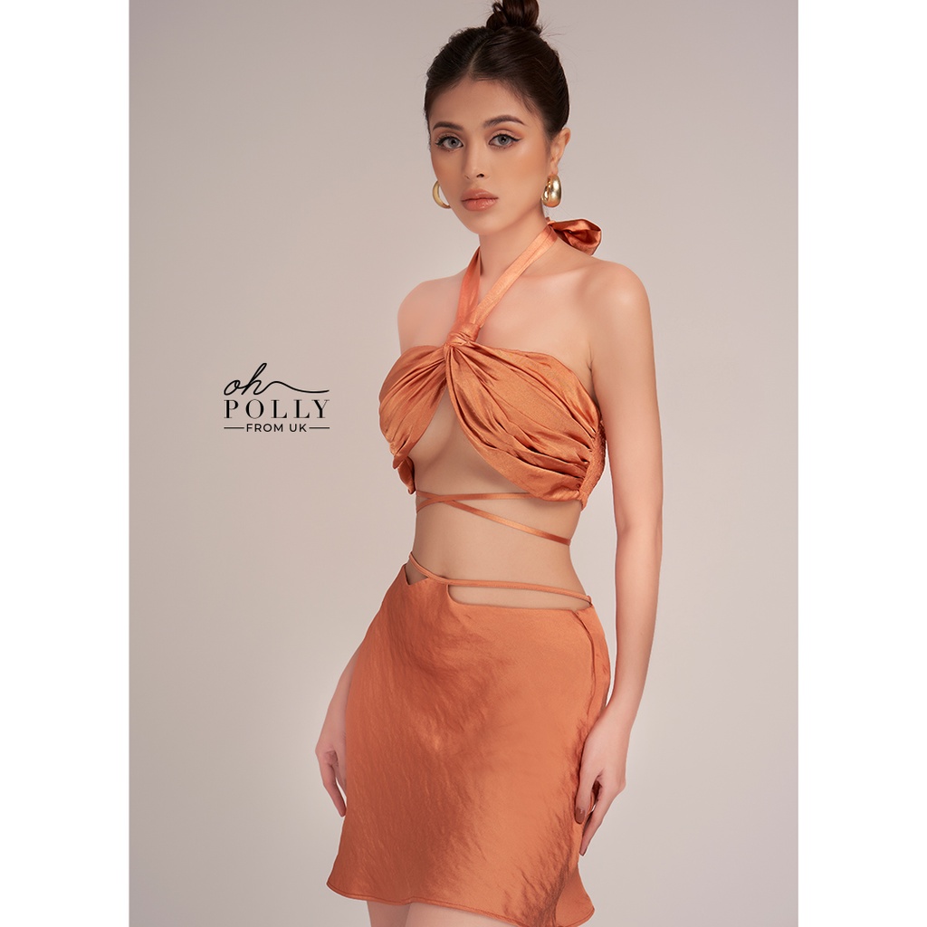 Oh Polly - Set áo croptop, áo nữ hở lưng và váy sexy lụa satin, đồ nữ sang chảnh