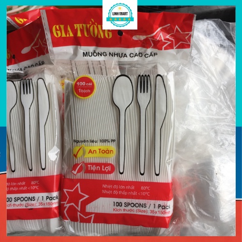 Thìa nhựa Gia Tường gói đủ 100 chiếc, Thìa nhựa dùng một lần LINHMART