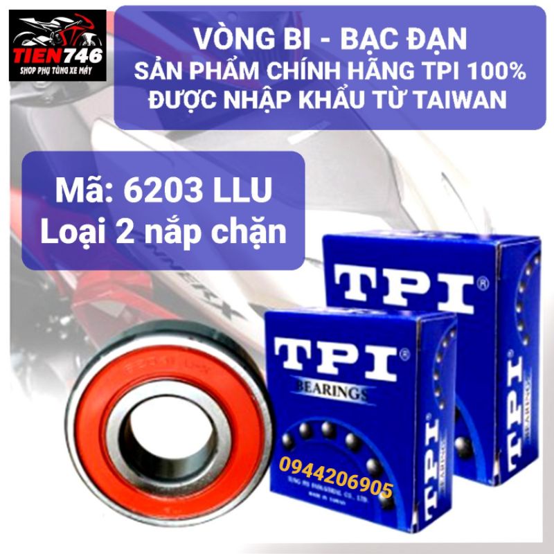 Vòng bi, Bạc đạn TPI 6203 LLU. Loại có 2 nắp chặn bằng nhựa tổng hợp. Sản phẩm chính hãng, nhập khẩu từ Đài Loan.