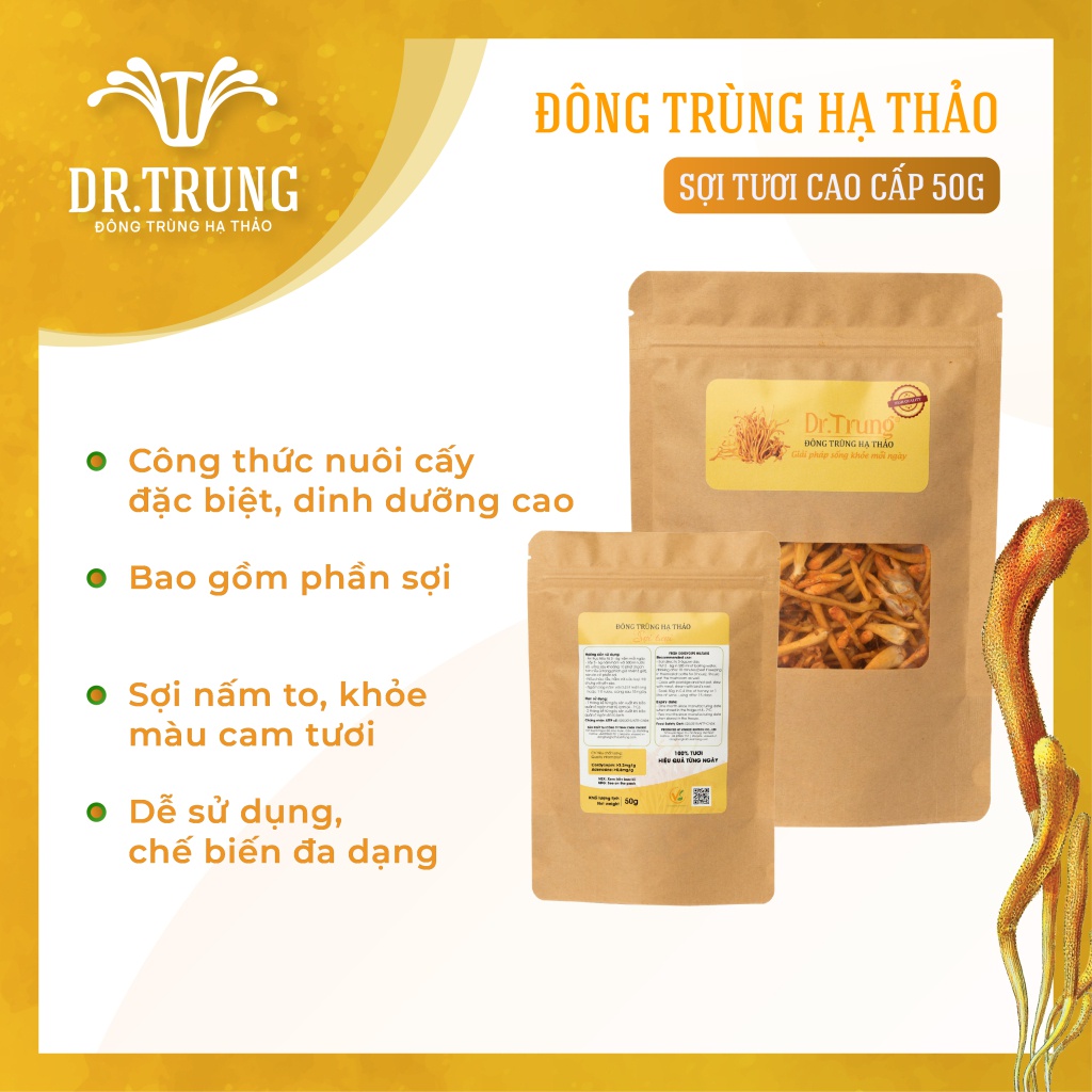 Đông trùng hạ thảo DR. TRUNG (Sợi Tươi - Gói 50 Gram) - (Adenosine &amp; Cordycepin cao) Chỉ giao tại Đà Nẵng