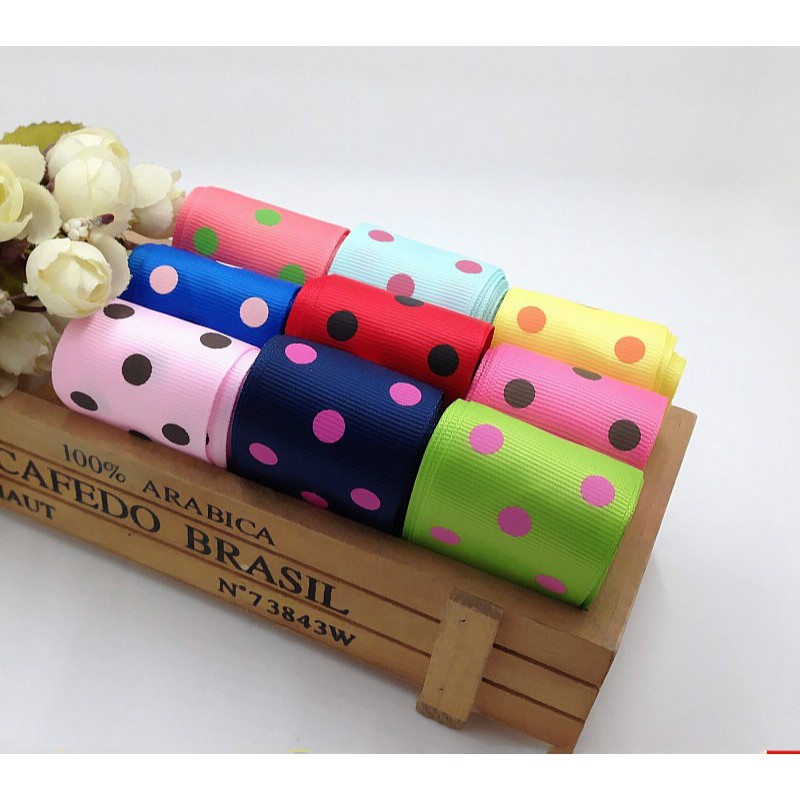 RUY BĂNG GÂN 38MM HỌA TIẾT CHẤM BI BA CHẤM HT38-005 RUY BĂNG DIY HANDMADE LÀM NƠ BỜM KẸP TÓC