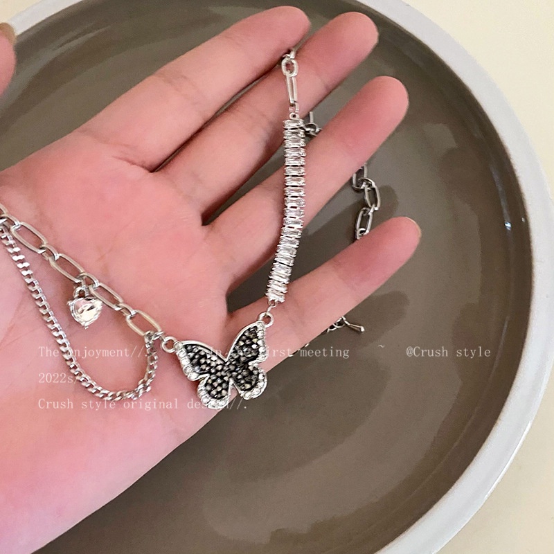 Vòng cổ Mạ Bạc 2K Mặt Hình Bướm Đen Đính Đá Pha Lê Thời Trang Cho Nữ