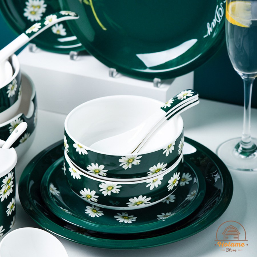 Chén dĩa , bát đĩa ăn sứ , muỗng thìa họa tiết xinh xắn Holame