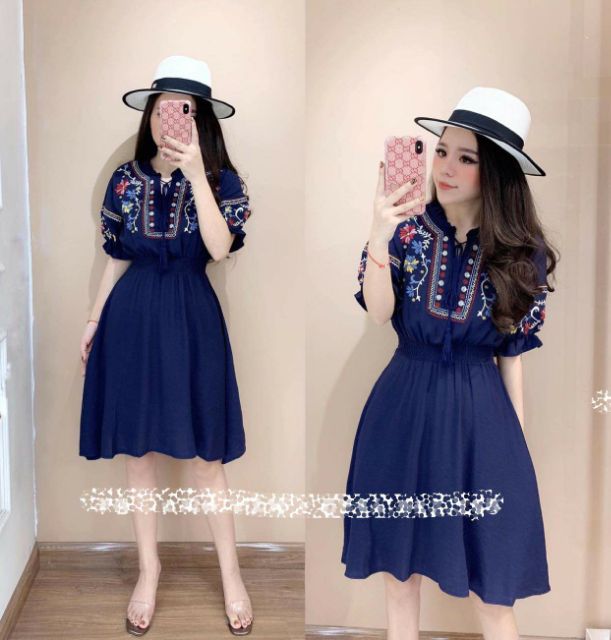 White/Navy Brocadr Dress - Đầm Thêu Thổ Cẩm Trắng/ Xanh Navy