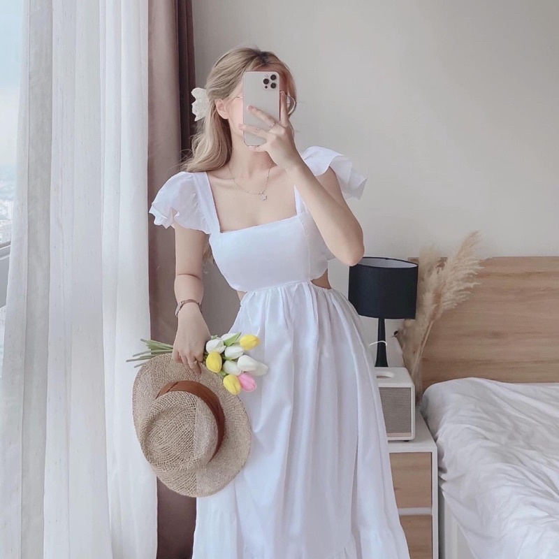 Váy maxi cánh tiên hở eo đuôi cá sẵn mút ngực chất thô freesize
