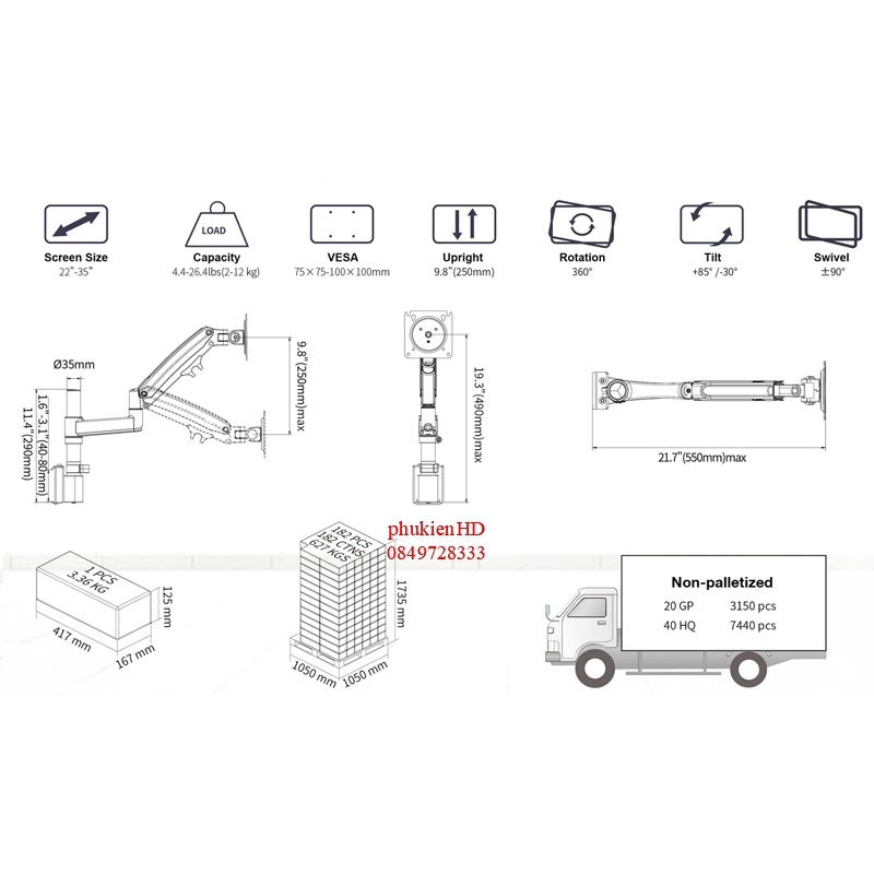 Giá đỡ 1 màn hình treo tường NB M60 22 - 35 inch, tay nối dài có thể mở rộng cho H100 - H80 - NB H180