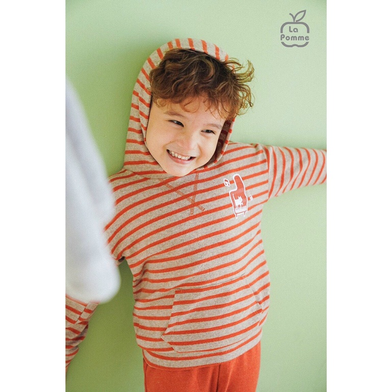 [CHÍNH HÃNG] Bộ dài tay áo dáng hoodie kẻ cotton mềm mại có mũ trẻ em La Pomme