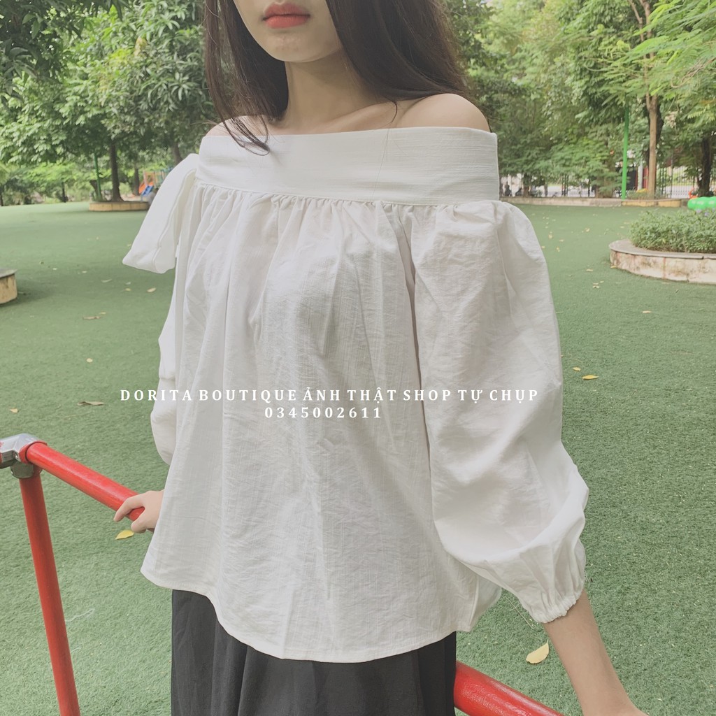 Áo thắt nơ trễ vai tay dài - Thắt nơ lệch điệu đà - Chất đũi hàn - Dorita Boutique | BigBuy360 - bigbuy360.vn
