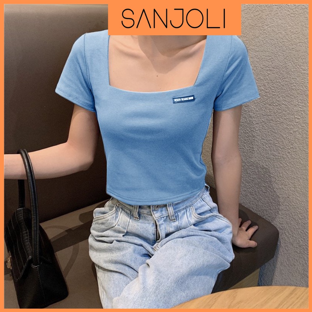 Áo Croptop Cổ Vuông SANJOLI Nữ Kiểu Ôm Body Tay Ngắn, Vải Thun Thể Thao Đẹp, Kiểu Ulzzang Hàn Quốc Đẹp Trắng Đen AO020