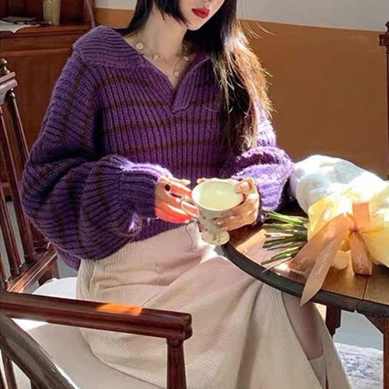 Áo sweater NZN dệt kim cổ bẻ dáng rộng họa tiết kẻ sọc thời trang thu đông mới dành cho nữ