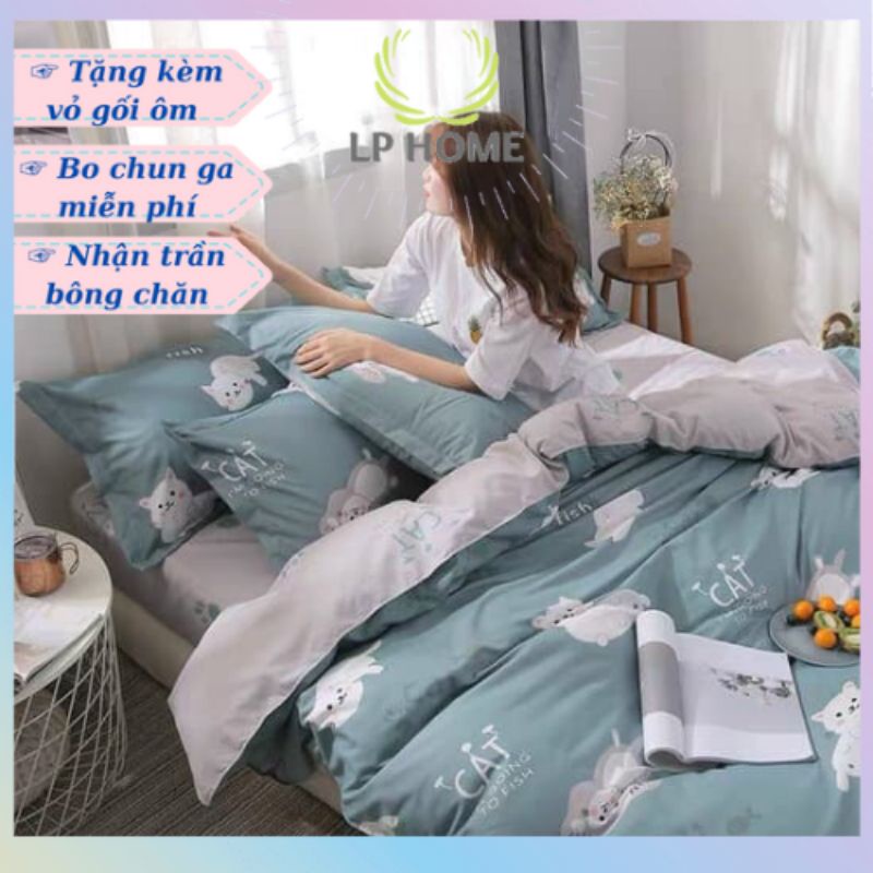 Bộ chăn ga gối Poly Cotton Mèo xanh ngọc đáng yêu (Tặng vỏ gối ôm) - Miễn phí bo chun
