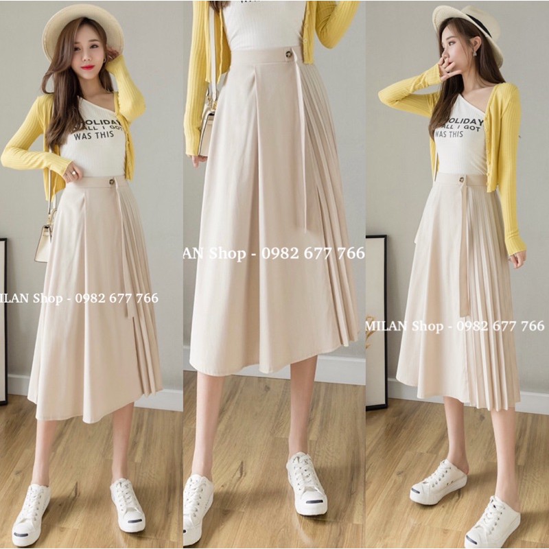 Chân váy dài qua gối phối dập ly midi thời trang mới