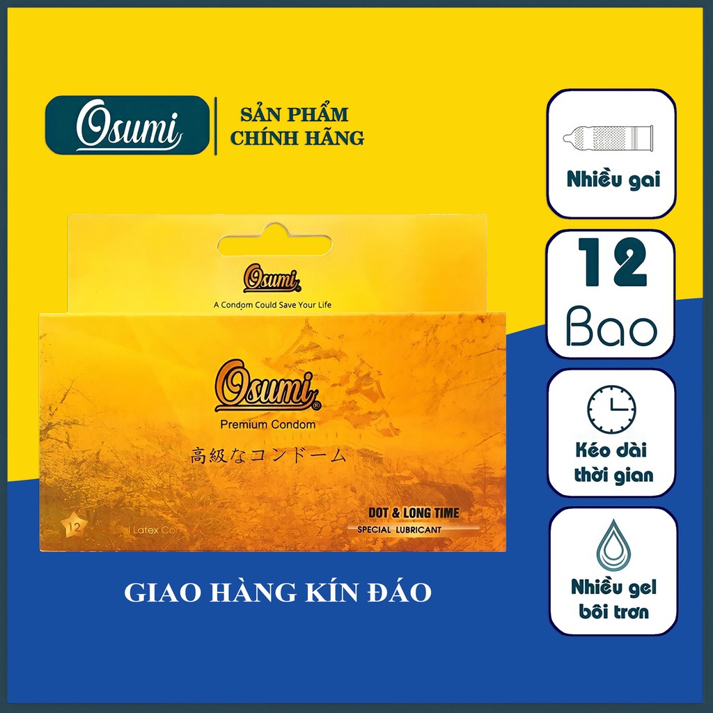 Bao cao su gai OSUMI siêu mỏng kéo dài thời gian xuất xứ Nhật Bản hộp 12 chiếc tặng 3c