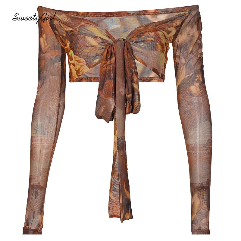 Áo Croptop Tay Dài Cổ Chữ V Phối Ren Lưới Xuyên Thấu Quyến Rũ Dành Cho Nữ 2022