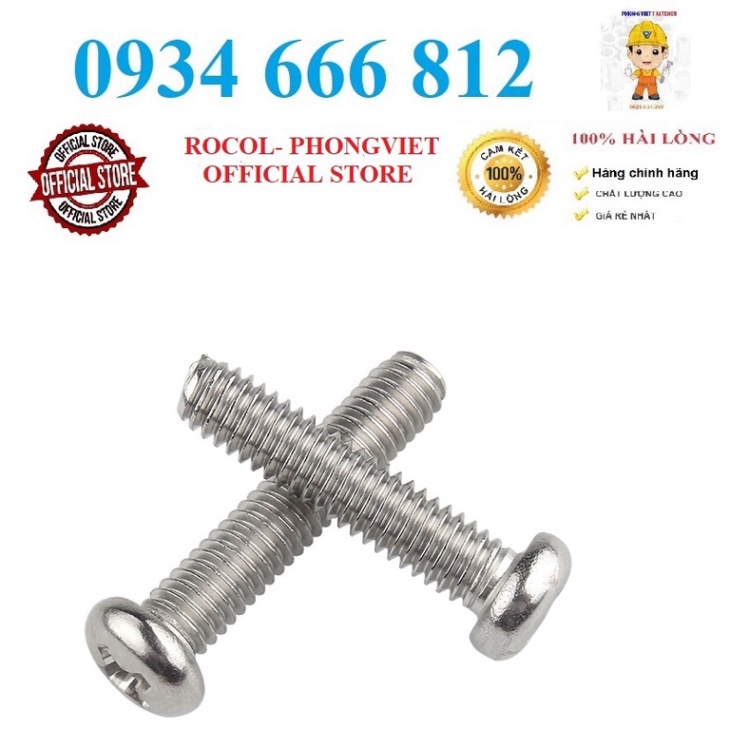 Set 50 cái M3-M6 Vít pake đầu tròn thân bulong inox304 M3, M4, M5, M6