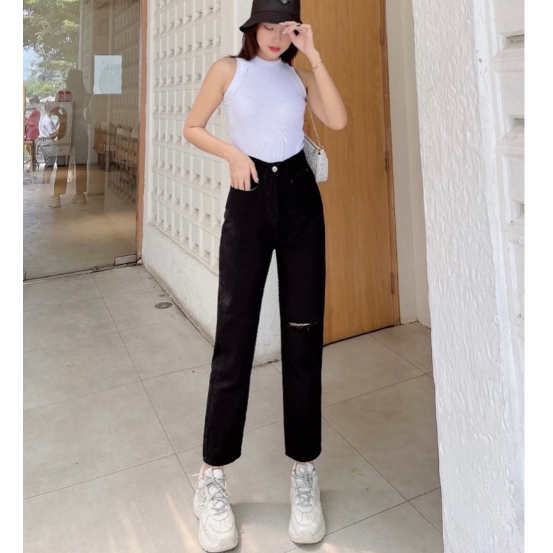 Quần Baggy Jean Nữ  Rách Gối Cạp Cao Màu Đen Ôm Eo, Ống đứng Che Khuyết Điểm Thương Hiệu Goong | BigBuy360 - bigbuy360.vn