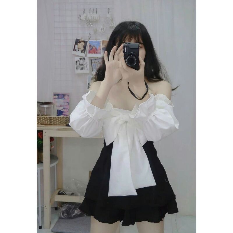 Áo voan trễ vai nơ to màu trơn phong cách dễ thương xinh xắn - Mã: 22 TV-FASHION