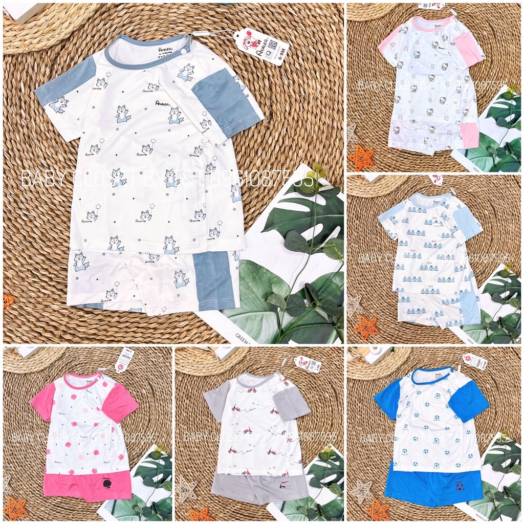 Bộ cộc tay quần đùi cài vai trẻ em chất sợi tre họa tiết ngộ nghĩnh Avaler