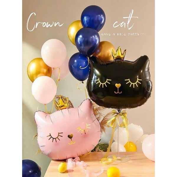 Bong bóng hình mèo đội vương miệng phụ kiện trang trí sinh nhật, party, sự kiện tráng nhôm nhiều màu 65*76cm - BOBABO