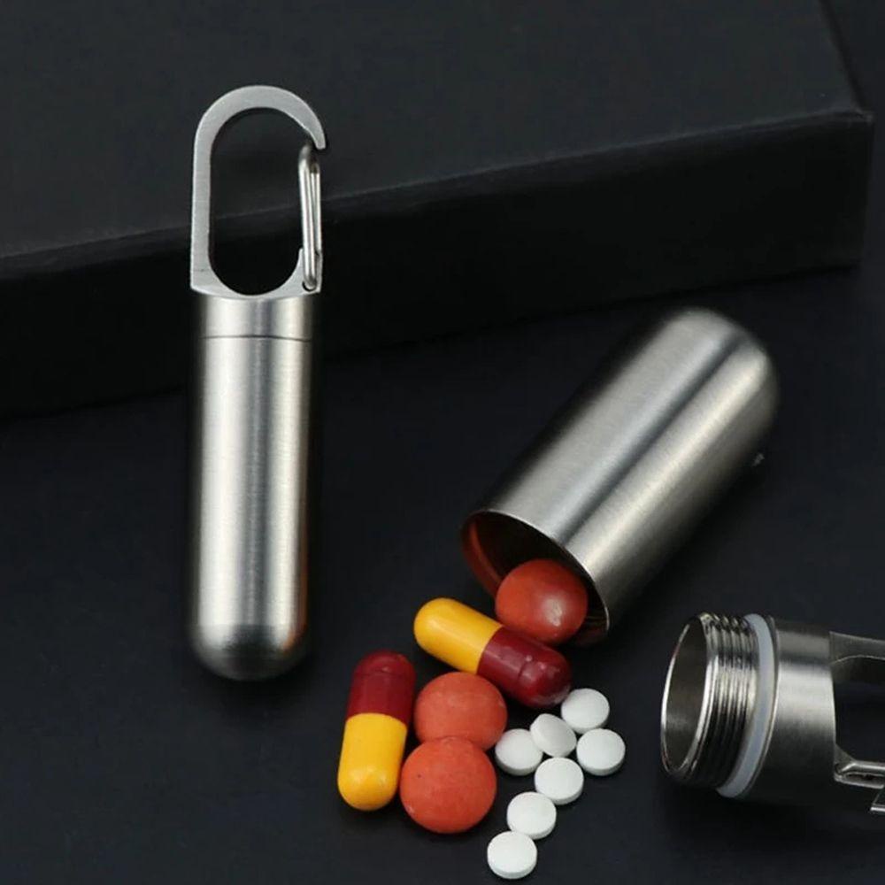 Hộp Đựng Thuốc Viên Bằng Thép Không Gỉ Có Móc Khóa Tiện Dụng