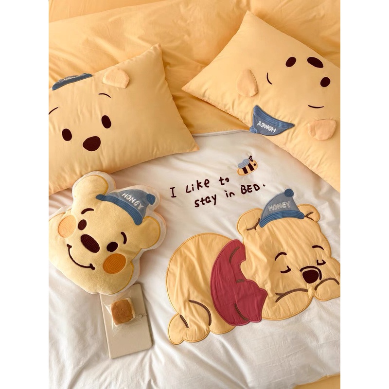 Bộ Chăn Ga Gối 5 Món mẫu GẤU POOH -  Cotton Linen Họa Tiết Hoạt Hình Disney Dễ Thương