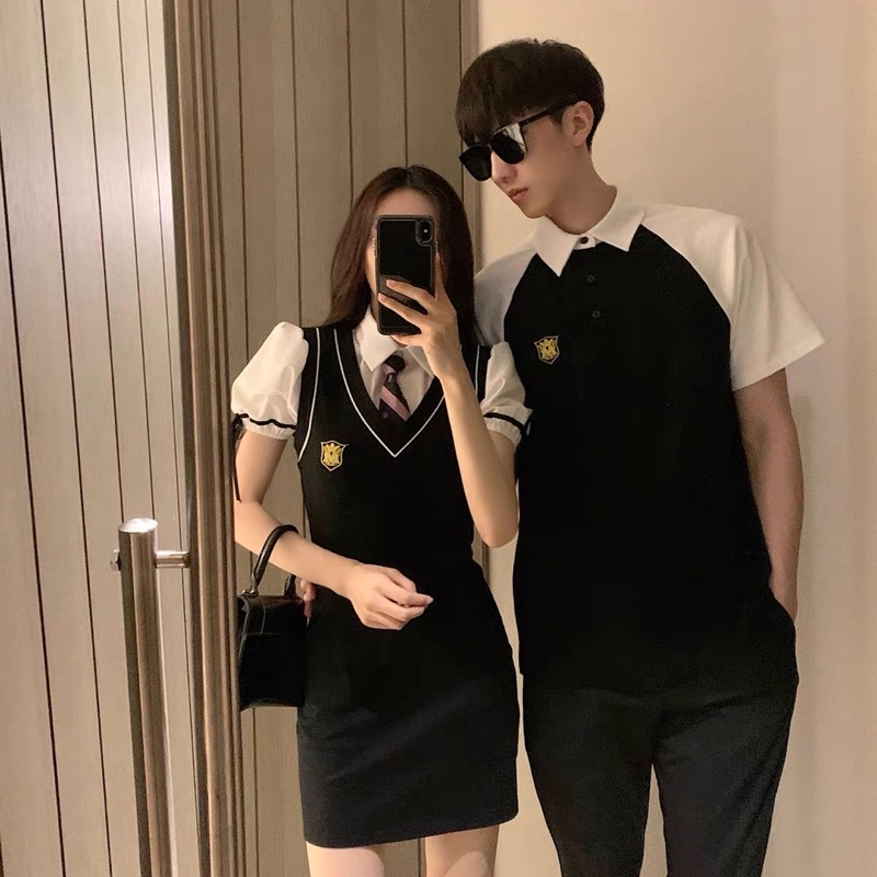 Set đồ đôi nam nữ áo polo nam -váy nữ kèm cà vạt phong cách hàn quốc so ciu thời trang KATE COUPLE
