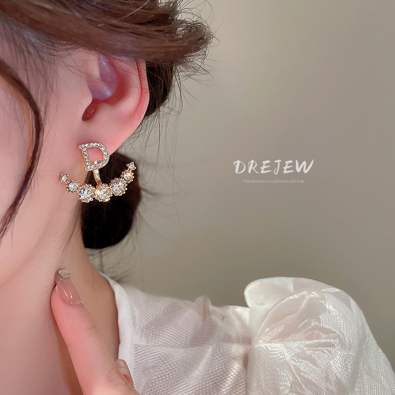 DREJEW Khuyên tai mạ bạc đính kim cương chữ phong cách Hàn Quốc thời trang cao cấp