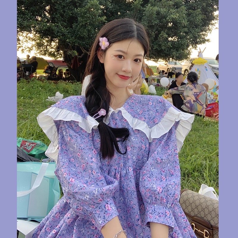 Đầm baby doll lưng cổ sơ mi bẹt violet