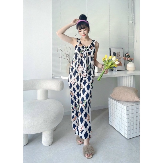 Bộ ngủ mặc nhà quần dài tay cánh tiên, satin họa tiết (kèm ảnh thật)
