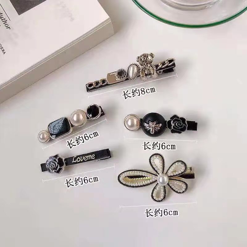Set Kẹp Tóc Hoa Đen Đính Đá 5 Chi Tiết Phong Cách Tiểu Thư Cho Nữ