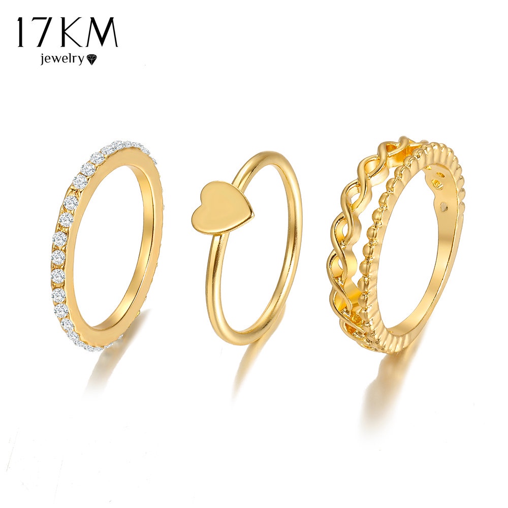 Set 3 nhẫn mạ vàng 17KM mặt hình trái tim đính đá pha lê