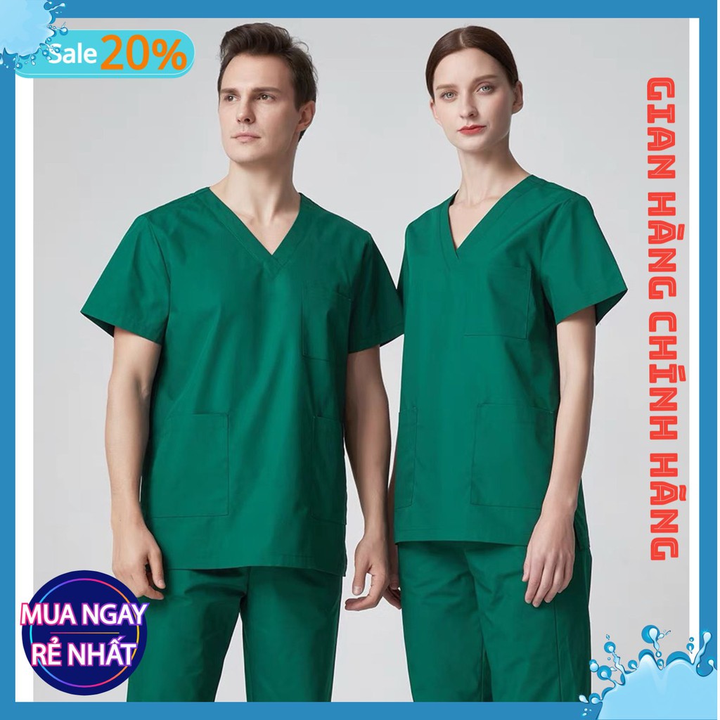 Bộ Scrubs Bác Sĩ, Bộ Đồ Cổ Tim Spa Xanh Lá Cây Hàng Cao Cấp