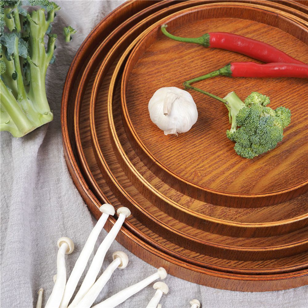 Khay gỗ tròn màu trơn phong cách Trung Hoa 21cm/24cm/27cm/30cm