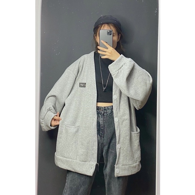 Áo nỉ cardigan, khoác nỉ mác cao su nổi có túi form thụng tay bồng thu đông nỉ ngoại dày ấm áp Nhungkudostore