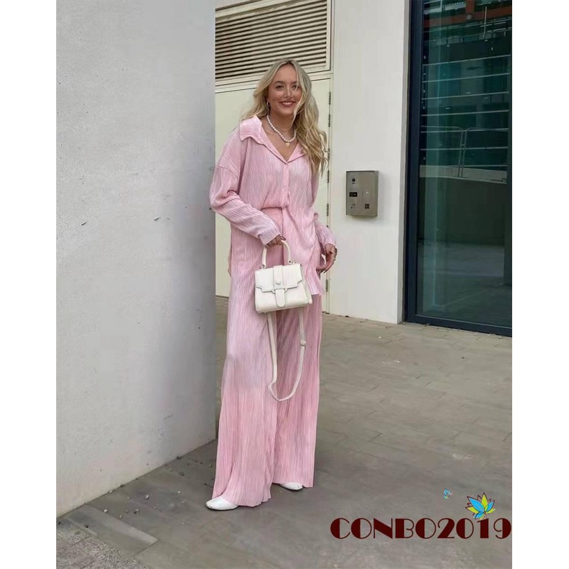 Set Đồ 2 Món Gồm Áo Sơ Mi Tay Dài Cài Nút Xếp Ly + Quần Dài Cho Nữ