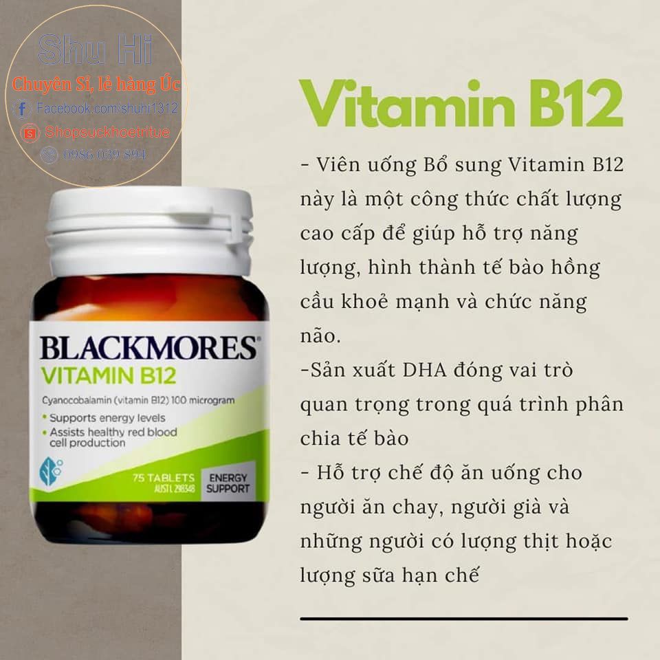 Vitamin B12 Blackmores 75 viên Úc - hỗ trợ mức năng lượng và hỗ trợ sản xuất tế bào hồng cầu khỏe mạnh