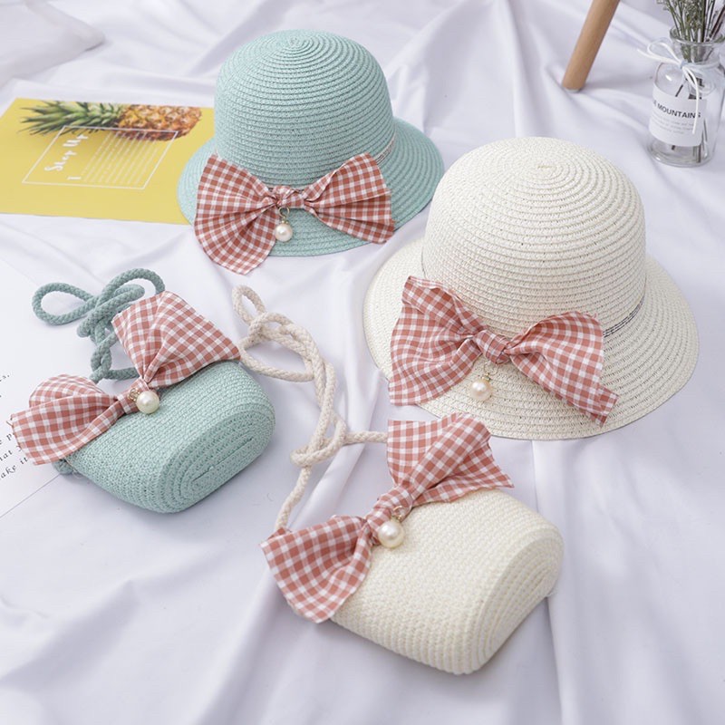 Set mũ và túi cói nơ hồng cho mẹ và bé ms8514513