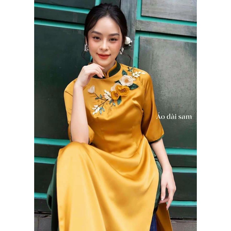 SÉT ÁO DÀI MAY SÃN THÊU HOA THANH LỊCH