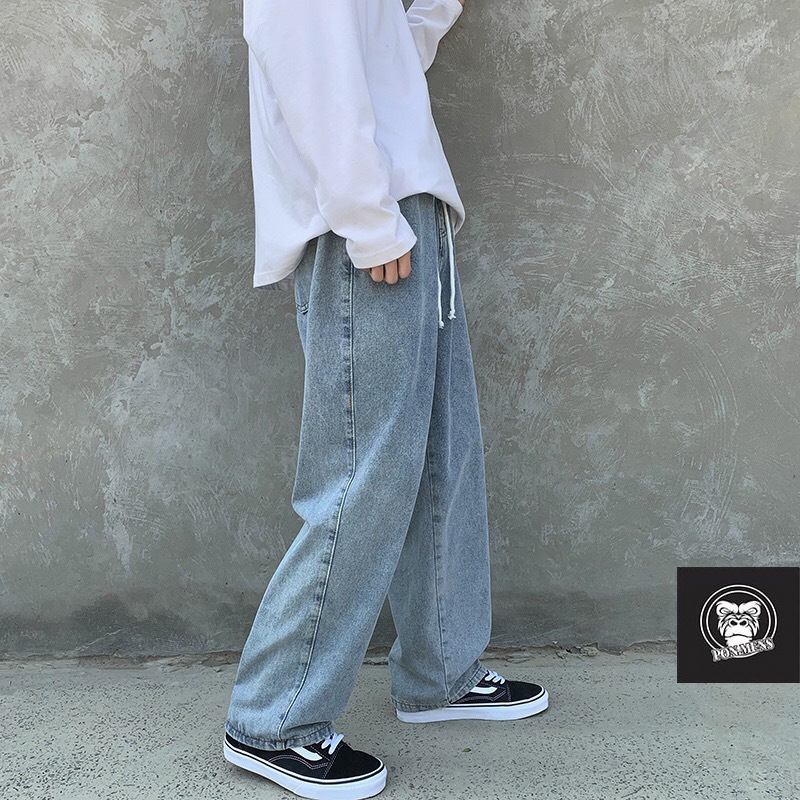 Quần jean ống suông nam nữ rộng lưng chun màu xanh pon.mens hà nội