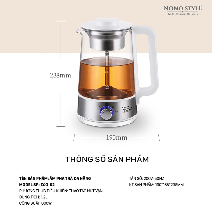 Ấm pha trà thủy tinh có lọc Lotor 1.2 Lít ZCQ02 - Ấm đun, bình đun siêu tốc đa năng - BẢO HÀNH 12 THÁNG