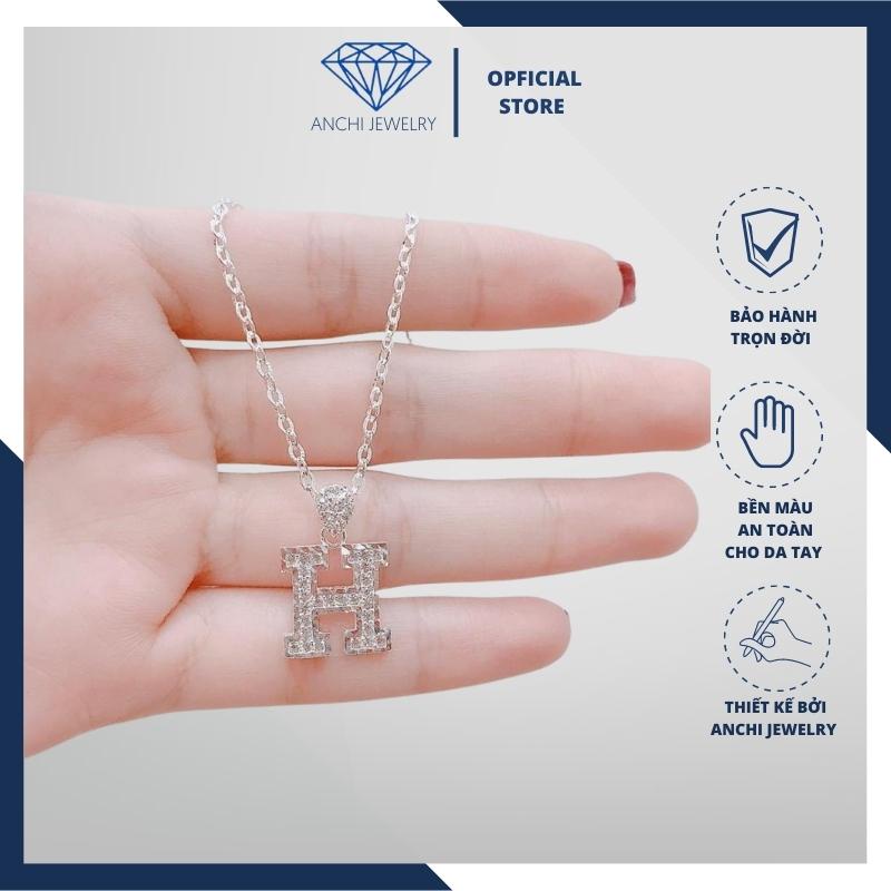 Vòng cổ mặt chữ cái bản to bạc đính đá, Anchi jewelry