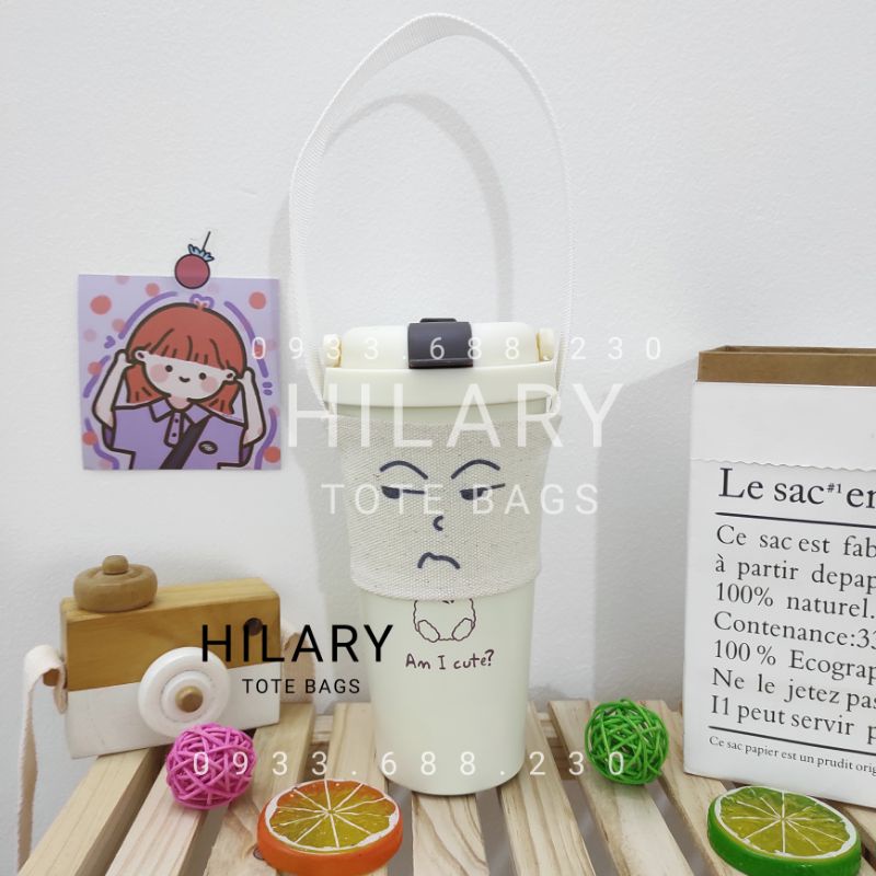 Túi Vải Đựng Ly Giữ Nhiệt Dưới 500ml In Hình Biểu Cảm Dây Đai Mỏng